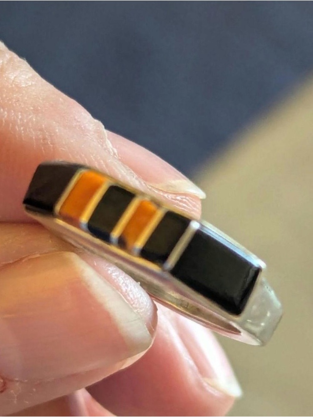 Coral and  Onyx Native American Vintage Band Ring